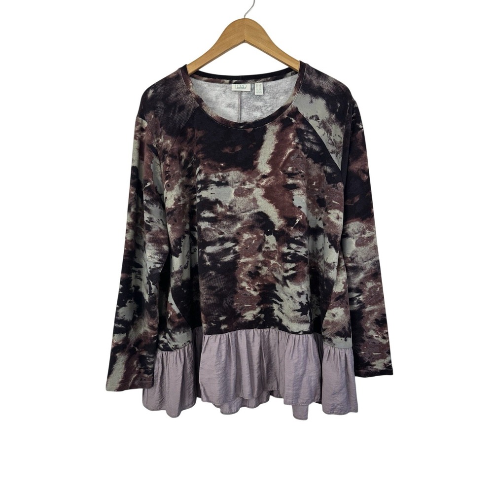 LOGO Lounge‎ Pullover Womens 1X Purple Tie Dye Ruffle Hem Long Sleeve Top Artsy